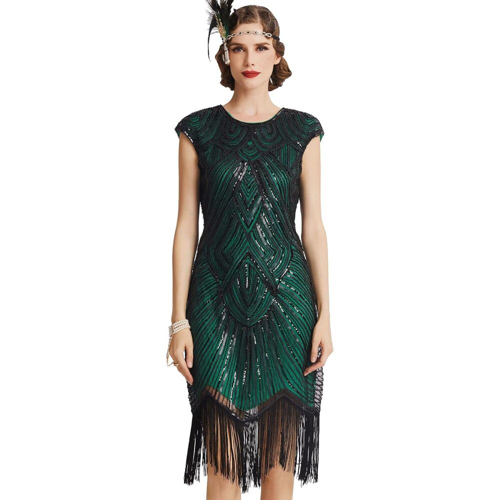 Babeyond Green Black Beaded Flapper Dress Fringe Sequin Gatsby Art Deco